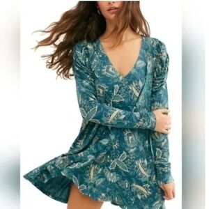 Free People Hello Lover Dusty Indigo Long Sleeve Tunic Shirt Dress Size Small